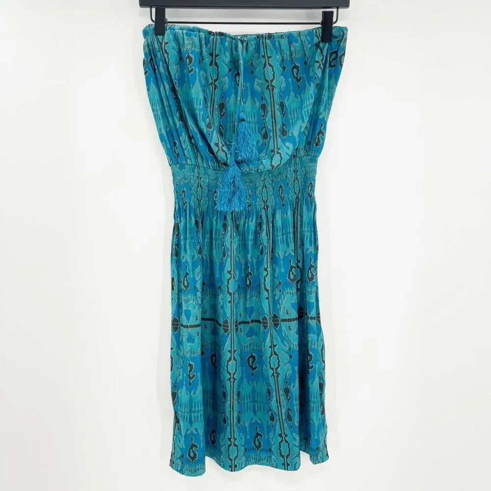Calypso Strapless Dress Women's Size S Teal Blue Printed Smocked Waist‎